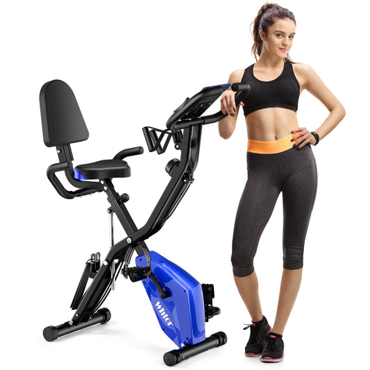 WHTOR Folding Exercise Bike，5 IN 1 Stationary Bike for Home / 16-Level Adjustable Resistance Full Body Workout Indoor Foldable Cycling Bike (Blue)