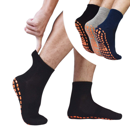 GRPSKCOS Non Slip Socks for Men House Socks with Grips 3 Pairs Anti-Skid Yoga Pilates Tile Wood Floors Hospital Slipper Socks (01 Black+gray+navy Blue 7-10)